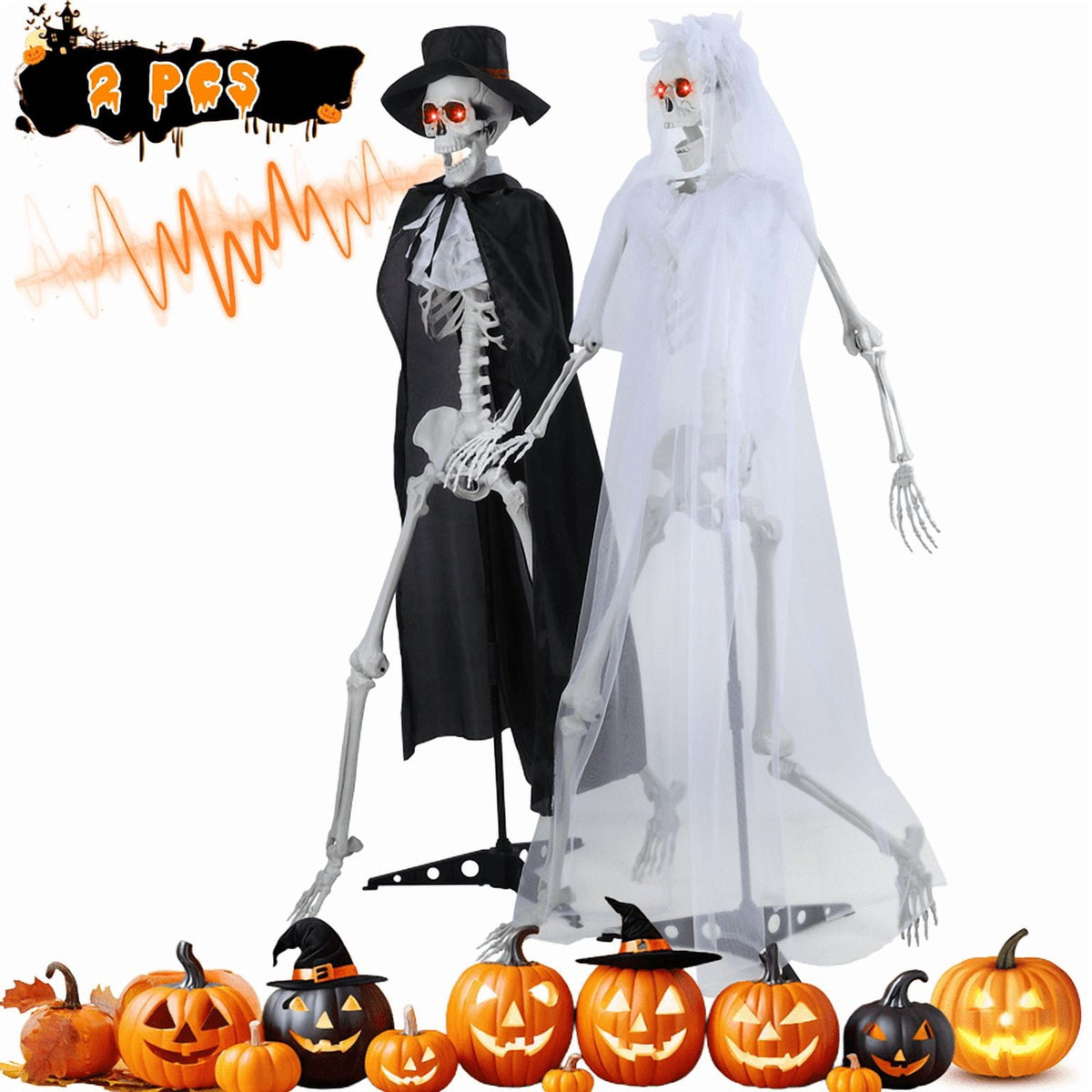 Floseru Life Size Halloween Skeleton Couple, Bride & Groom Set with Glowing Eyes, Poseable Joints, for Spooky Indoor Outdoor Display