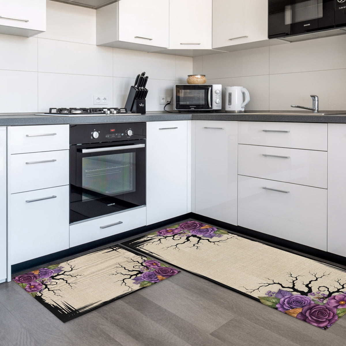 Halloween 2 Pieces Non-Slip Kitchen Mat Set, Dark Romantic Vintage Purple Rose Goth Tree Linen Texture Soft Door Mat with Rubber Backing, Dirtproof Rugs for Entrance Doorway, 19.7x31.5in+19.7x47.2in