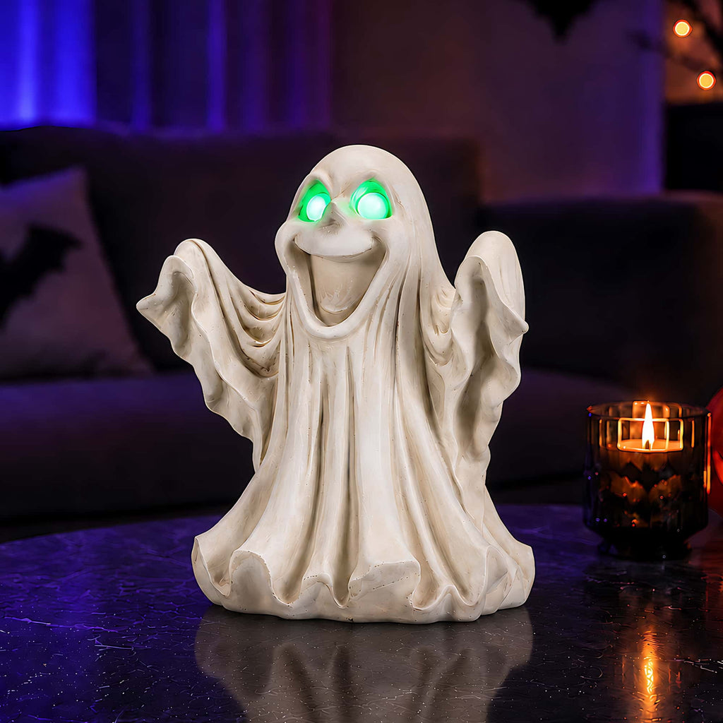 Halloween Ghost Statue with LED Glowing Eyes, Resin Ghost Figurine Tabletop Decor for Indoor Home, Mantel, Shelf, Entryway and Halloween Party Display