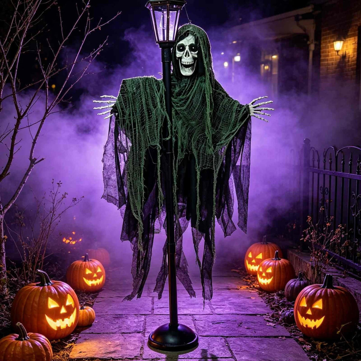 6ft Life Size Halloween Standing Grim Reaper Street Lamp Prop, Light‑Up Eyes Skeleton Ghost with Tattered Robe, Freestanding Outdoor Yard Porch Holiday Decoration