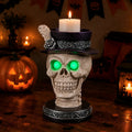Halloween Resin Skull Candle Holder Figurine with LED Glowing Green Eyes, Skeleton Head Statue with Feather Top Hat, Spooky Tabletop Halloween Party Decor
