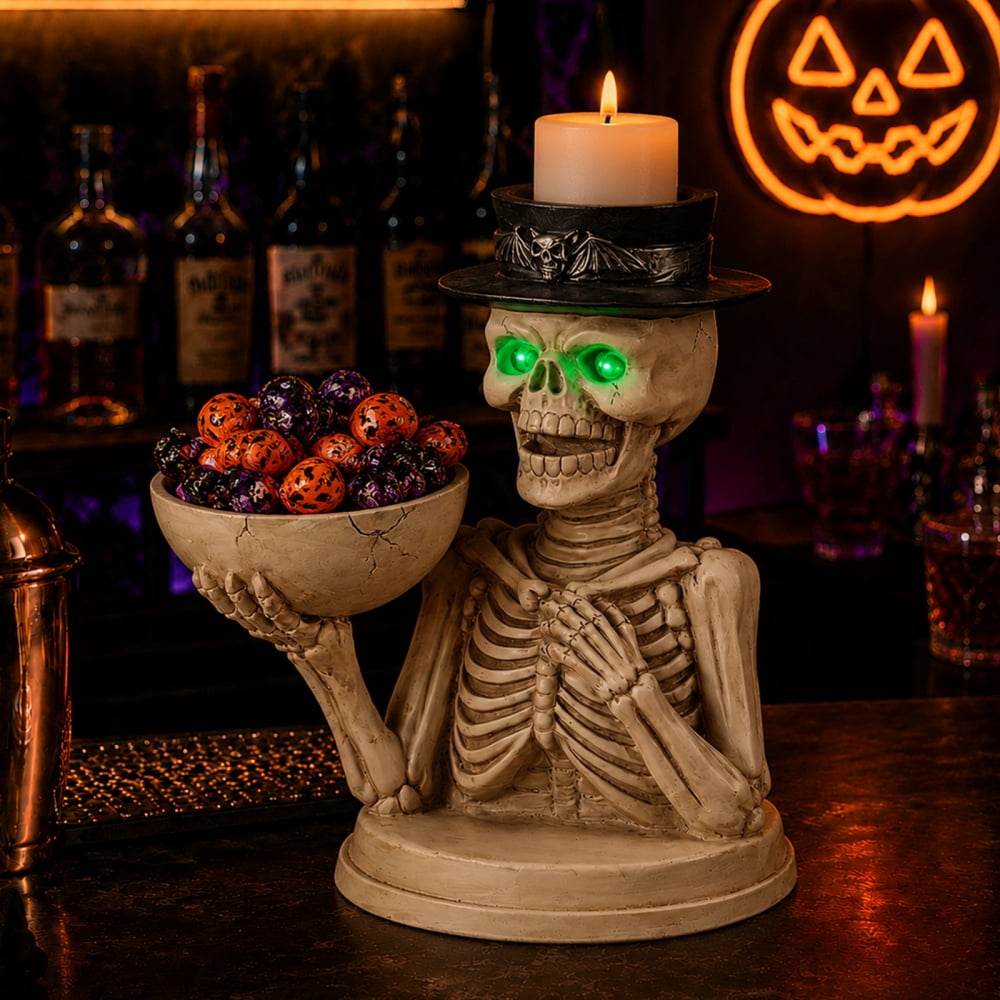 Halloween Skeleton Butler Floor Statue with Serving Tray & Black Cat, Resin Gothic Home Decor for Entryway Porch Living Room