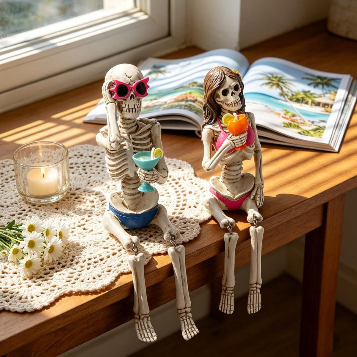 Halloween Skeleton Statue in Bikini Sunglasses for Summer and Spooky Decor