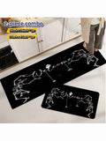 Halloween Skeleton Welcome Floor Mat Set - 2 Piece Black Polyester Non-Slip Kitchen & Entryway Mats (40x60+45x120cm)