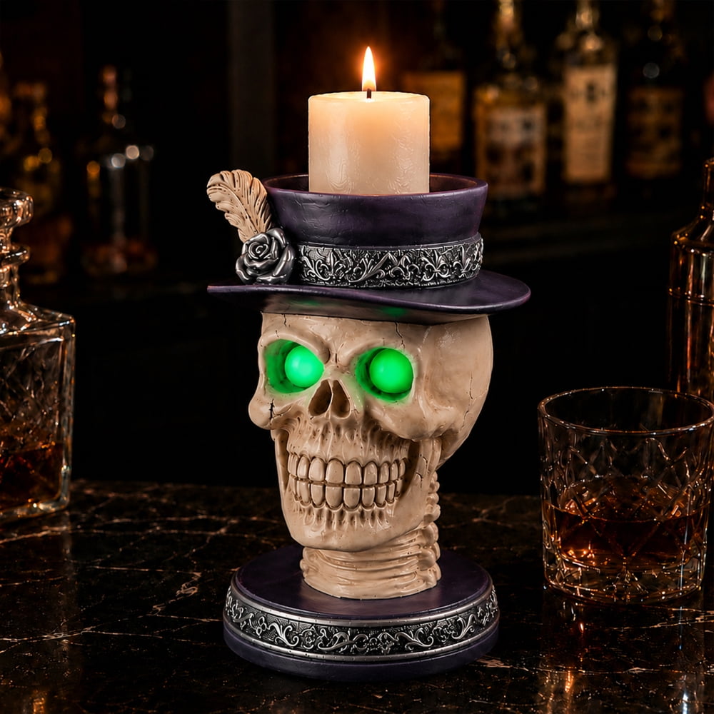 Halloween Skeleton Butler Floor Statue with Serving Tray & Black Cat, Resin Gothic Home Decor for Entryway Porch Living Room