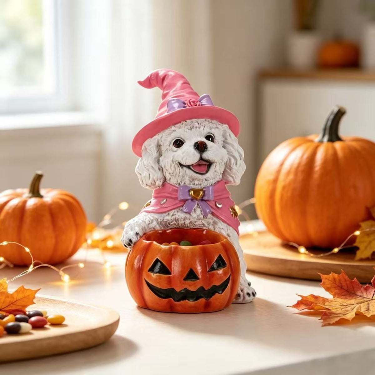 Halloween Witch Puppy Resin Figurine, White Teddy Dog with Pumpkin Candy Bowl for Home Tabletop Decor