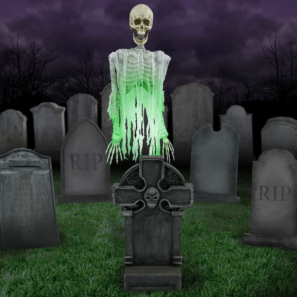 Haunted Hill Farm 5.8-Ft. Motion-Activated Floating Skeleton Ghost Over Tombstone by Tekky, Premium Halloween Animatronic, Battery Operated