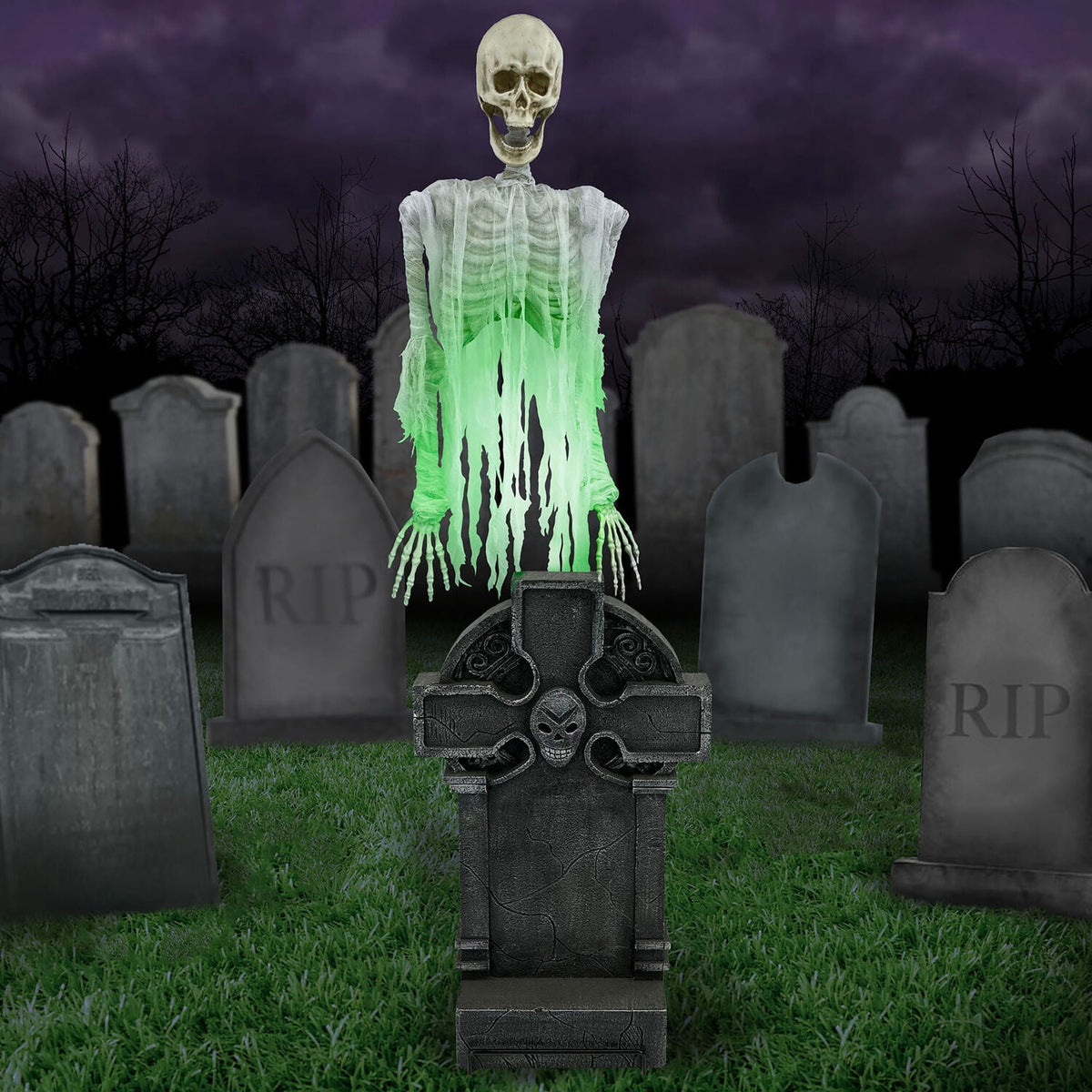 Haunted Hill Farm 5.8-Ft. Motion-Activated Floating Skeleton Ghost Over Tombstone by Tekky, Premium Halloween Animatronic, Battery Operated