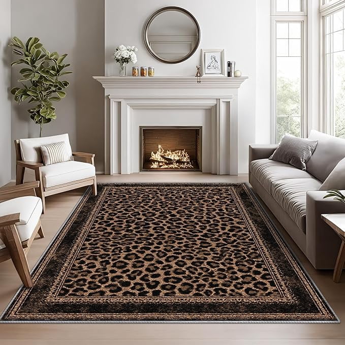 Leopard Print Rugs for Living Room, Leopard Rug, Brown Cheetah Area Rug, Luxury Animal Print Washable Door Mat for Entryway, Kitchen, Wildlife Home Decor & Gifts 4 x 5ft
