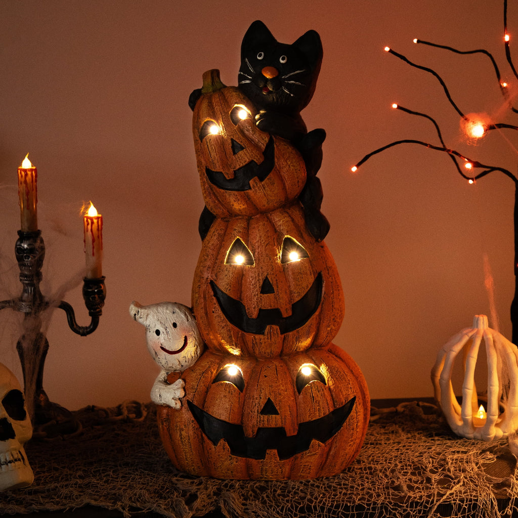 Northlight Lighted Stacked Jack-O-Lanterns with Ghost and Black Cat Halloween Decoration - 20" - LED