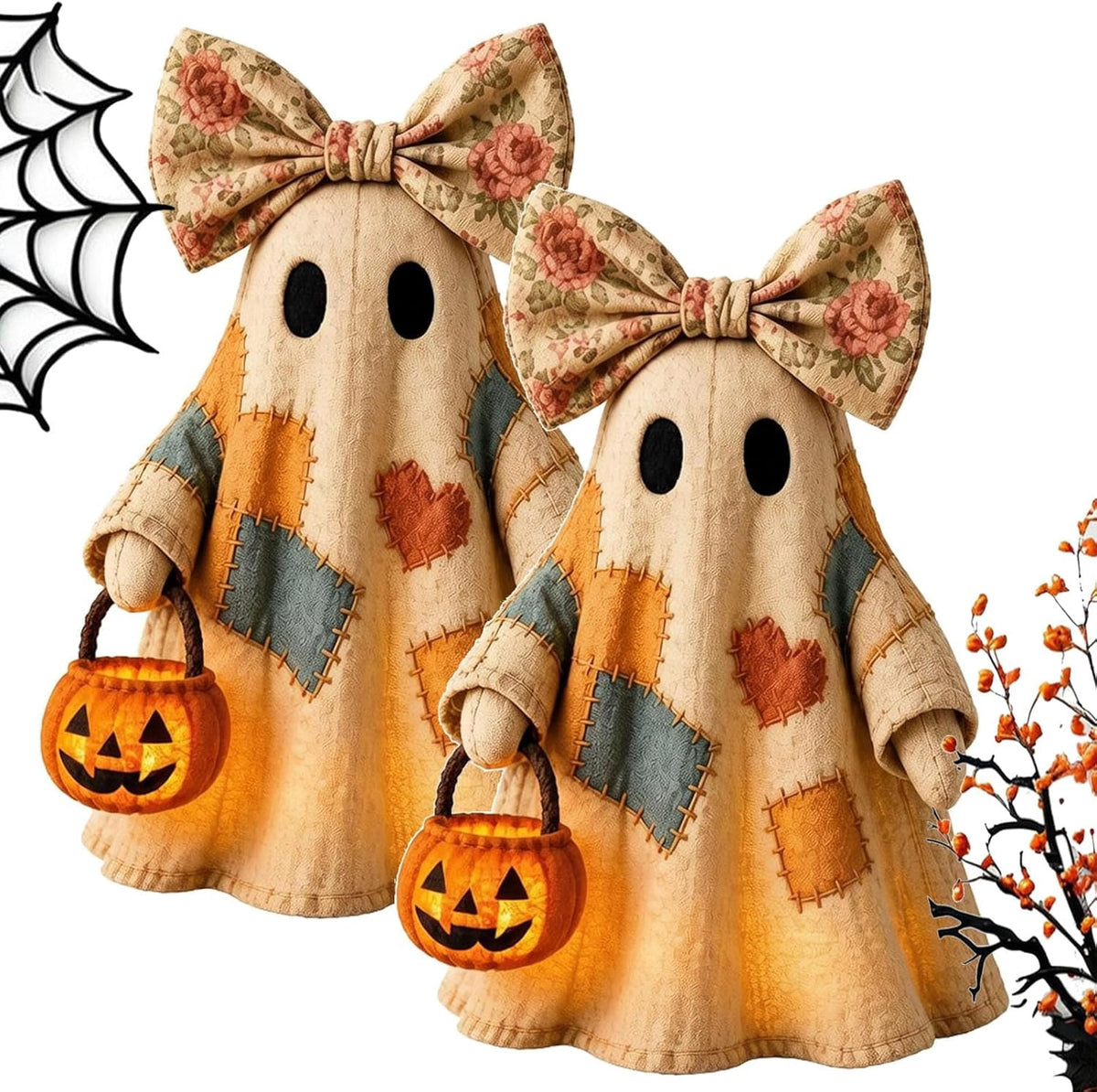 Lighted Vintage Patchwork Ghost, 13.8in LED Sweet Ghost with Pumpkin Lantern, Patchwork Ghosts Lamp for Halloween Decor, Harvest Fall Halloween Decorations for Mantel Shelf Entryway Porch (3Pack)