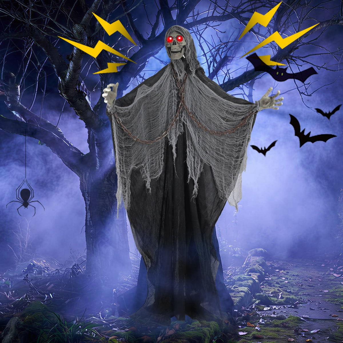 Magotan 6ft Halloween Outdoor Skeleton Ghost Decorations, Sound Controlled Swinging Scary Skeleton Ghost Halloween Decoration for Outdoor Garden Porch Yard Decor,Green