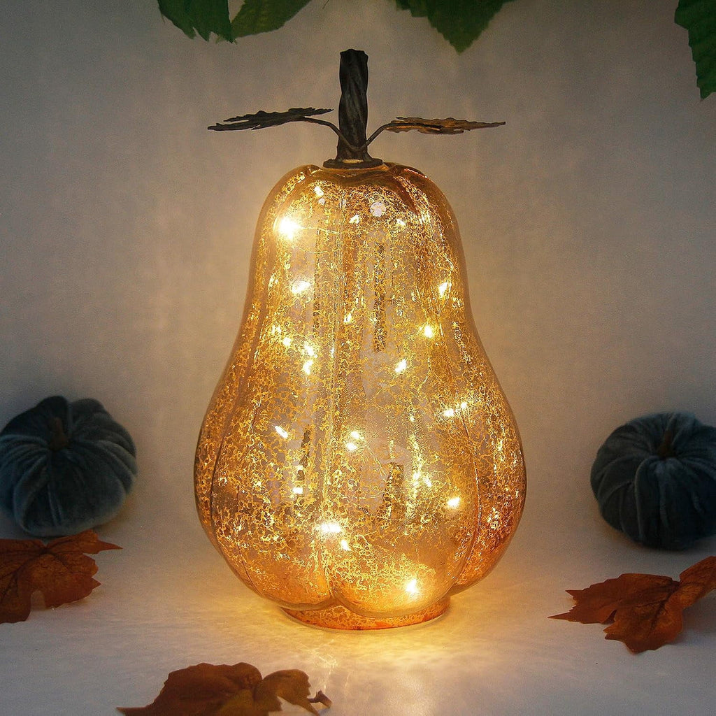 Mercury Glass Pumpkin Lights with Timer, Battery Operated Led Pumpkin Lights for Halloween Fall,Thanksgiving Rustic Decor (Rosegold Leafy, 11")