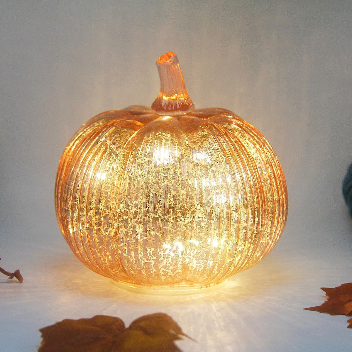 Mercury Glass Pumpkin Lights with Timer, Battery Operated Led Pumpkin Lights for Halloween Fall,Thanksgiving Rustic Decor (Rosegold Leafy, 11")