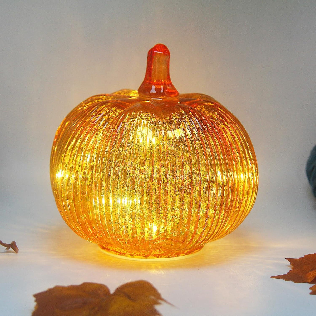 Mercury Glass Pumpkin Lights with Timer, Battery Operated Led Pumpkin Lights for Halloween Fall,Thanksgiving Rustic Decor (Rosegold Leafy, 11")