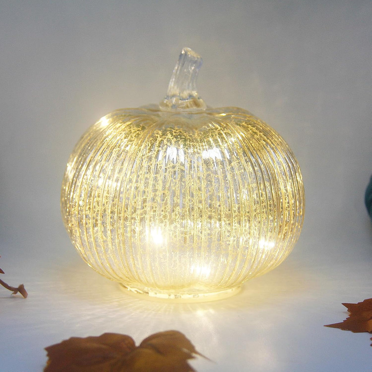Mercury Glass Pumpkin Lights with Timer, Battery Operated Led Pumpkin Lights for Halloween Fall,Thanksgiving Rustic Decor (Rosegold Leafy, 11")
