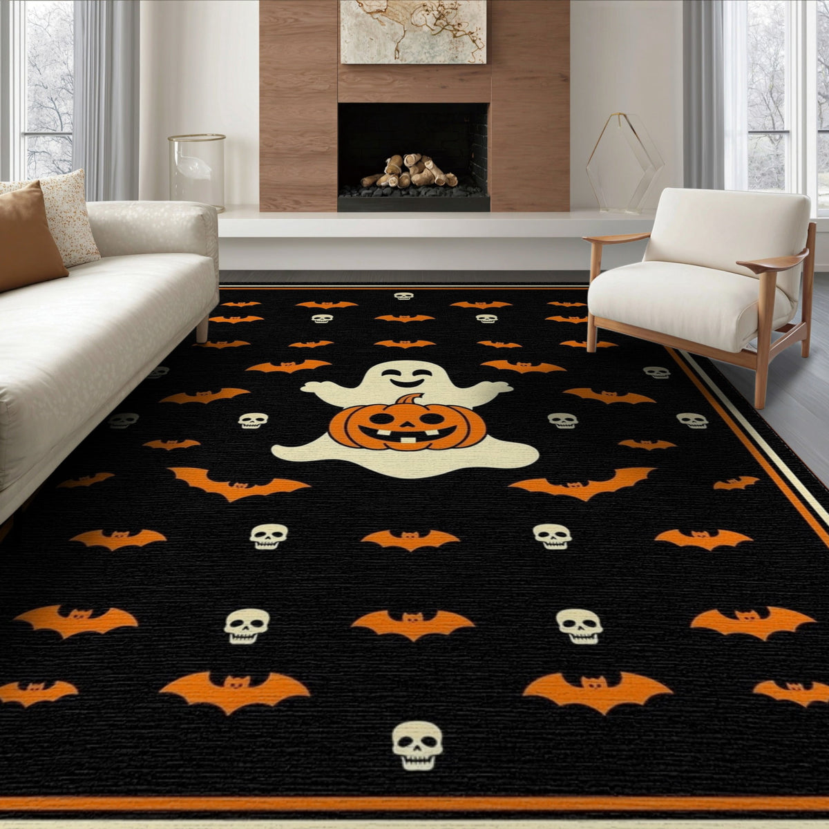 ODIKA 8'x10' Washable Area Rug Halloween Harvest Spirits Grinning Lantern Entrance Doormat Door for Living Room, Under Sectional, Family , Durable, Non-Slip