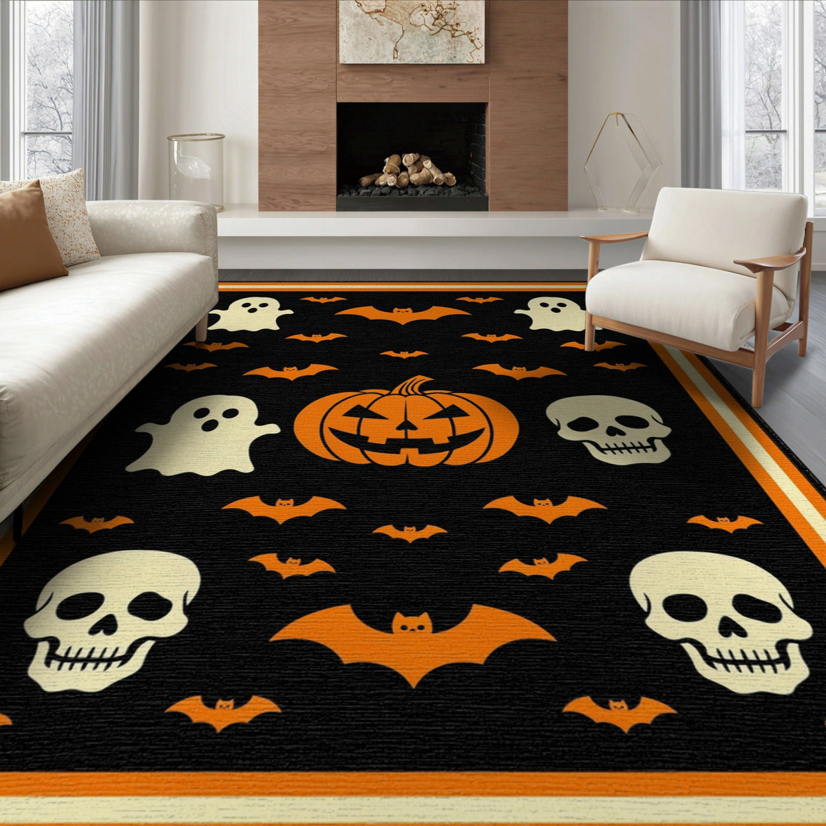 ODIKA 8'x10' Washable Area Rug Halloween Harvest Spirits Grinning Lantern Entrance Doormat Door for Living Room, Under Sectional, Family , Durable, Non-Slip