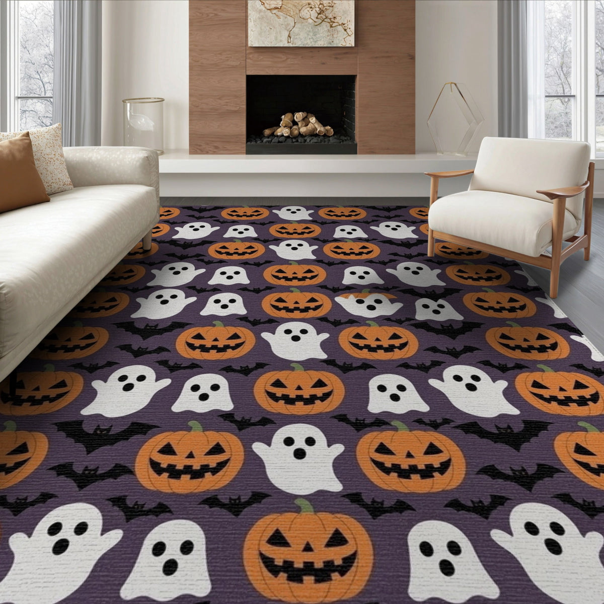 ODIKA 8'x10' Washable Area Rug Halloween Harvest Spirits Grinning Lantern Entrance Doormat Door for Living Room, Under Sectional, Family , Durable, Non-Slip