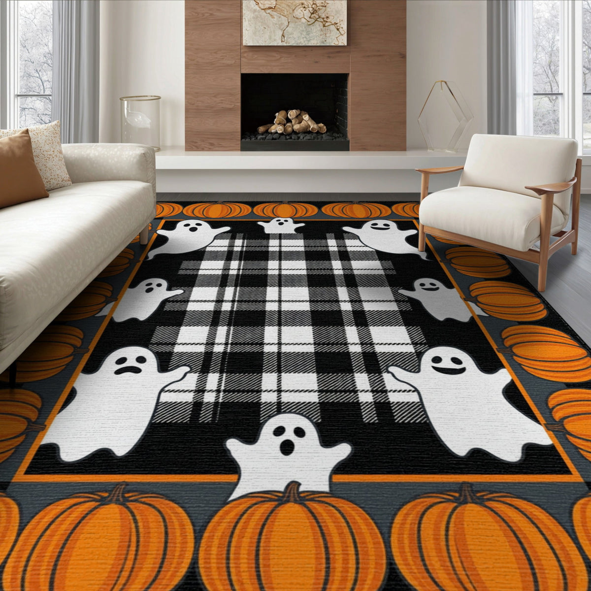 ODIKA Halloween Spooky Pumpkin Phantom Striped Entrance Door Doormat for Playroom, Bedroom, Reading Nook, Pet Friendly & Kids Safe Play
