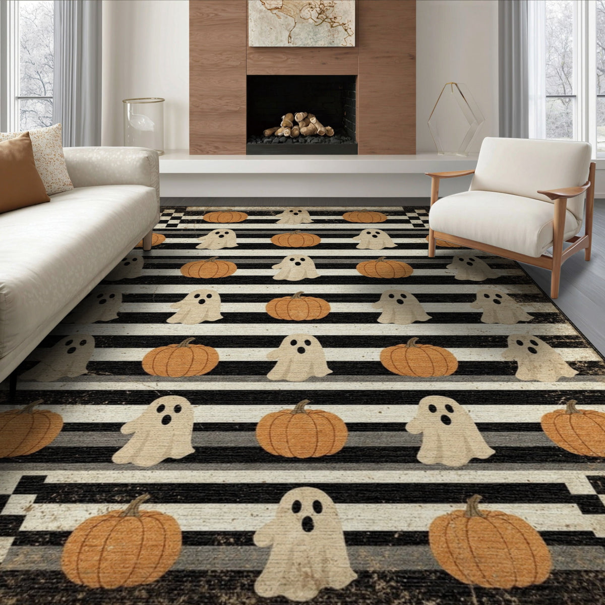 ODIKA Halloween Spooky Harvest Striped Welcome Ghosts Fallc Door Doormat Stain Resistant Low Profile for Dorm Room, Small Living Apartment