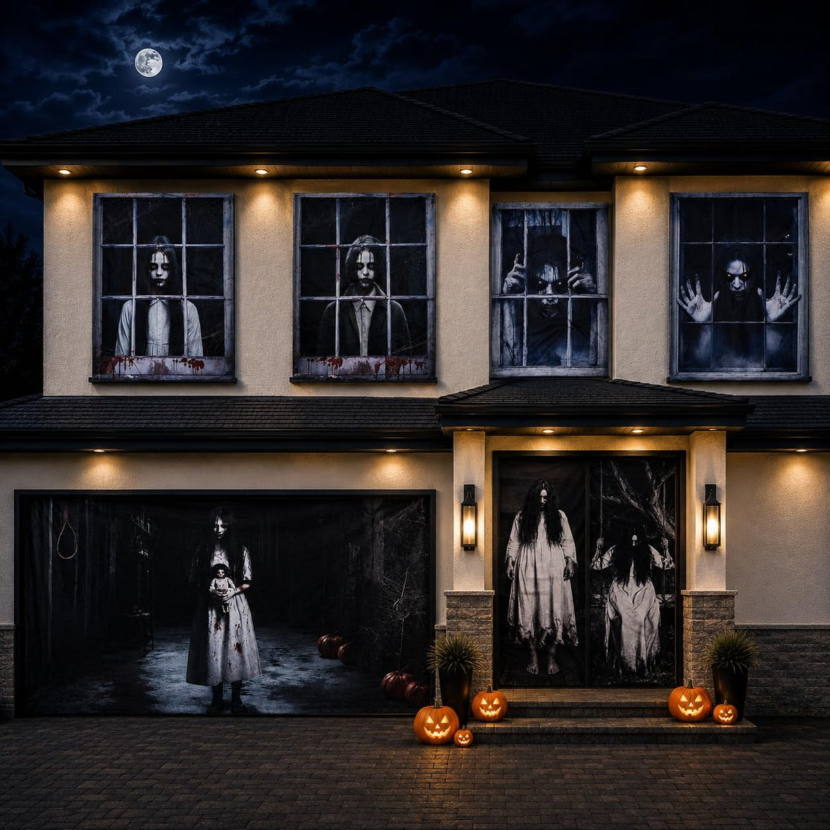 PMU 7-Piece Halloween Garage Door Cover Set, 16 x 7 ft, Skeleton Window & Door Decorations