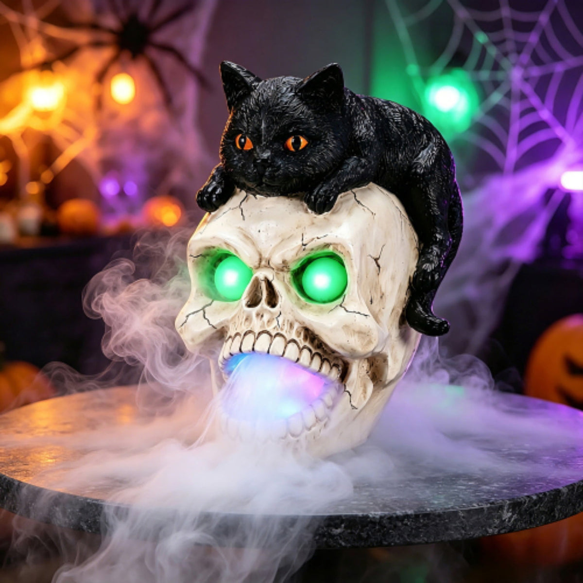 SpookHaven Halloween Jack‑O‑Lantern Pumpkin Mist Sprayer Figurine, LED Light‑Up Fogger with Witch Hat & Skull Decoration, Spooky Ornament for Tabletop Entryway Halloween Party Home Decor