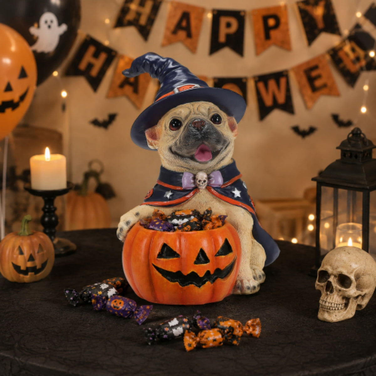 SpookHaven Halloween Jack‑O‑Lantern Pumpkin Mist Sprayer Figurine, LED Light‑Up Fogger with Witch Hat & Skull Decoration, Spooky Ornament for Tabletop Entryway Halloween Party Home Decor