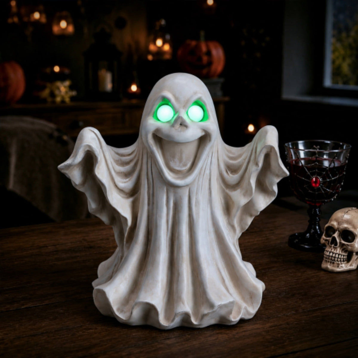 SpookHaven Halloween Jack‑O‑Lantern Pumpkin Mist Sprayer Figurine, LED Light‑Up Fogger with Witch Hat & Skull Decoration, Spooky Ornament for Tabletop Entryway Halloween Party Home Decor