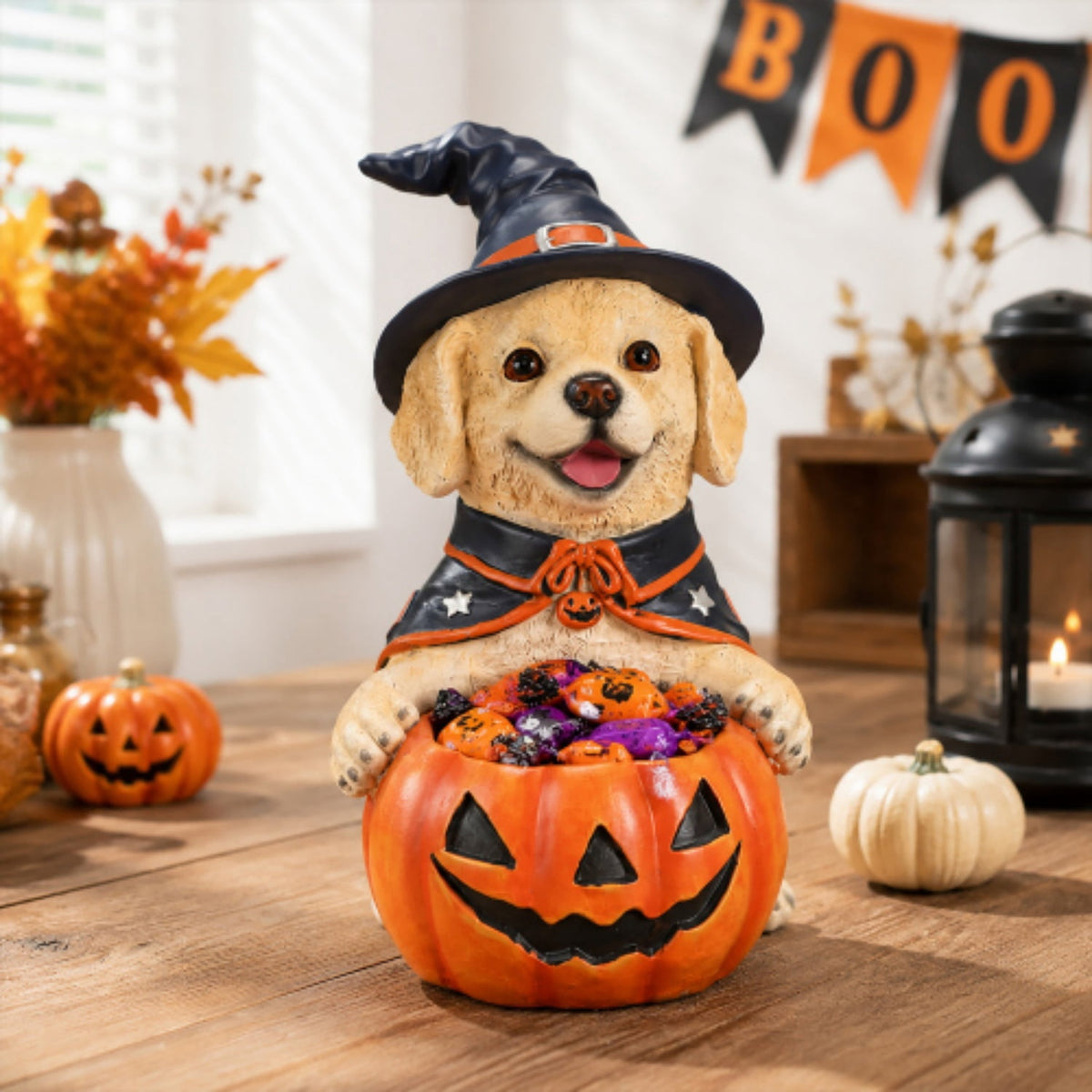 SpookHaven Halloween Jack‑O‑Lantern Pumpkin Mist Sprayer Figurine, LED Light‑Up Fogger with Witch Hat & Skull Decoration, Spooky Ornament for Tabletop Entryway Halloween Party Home Decor