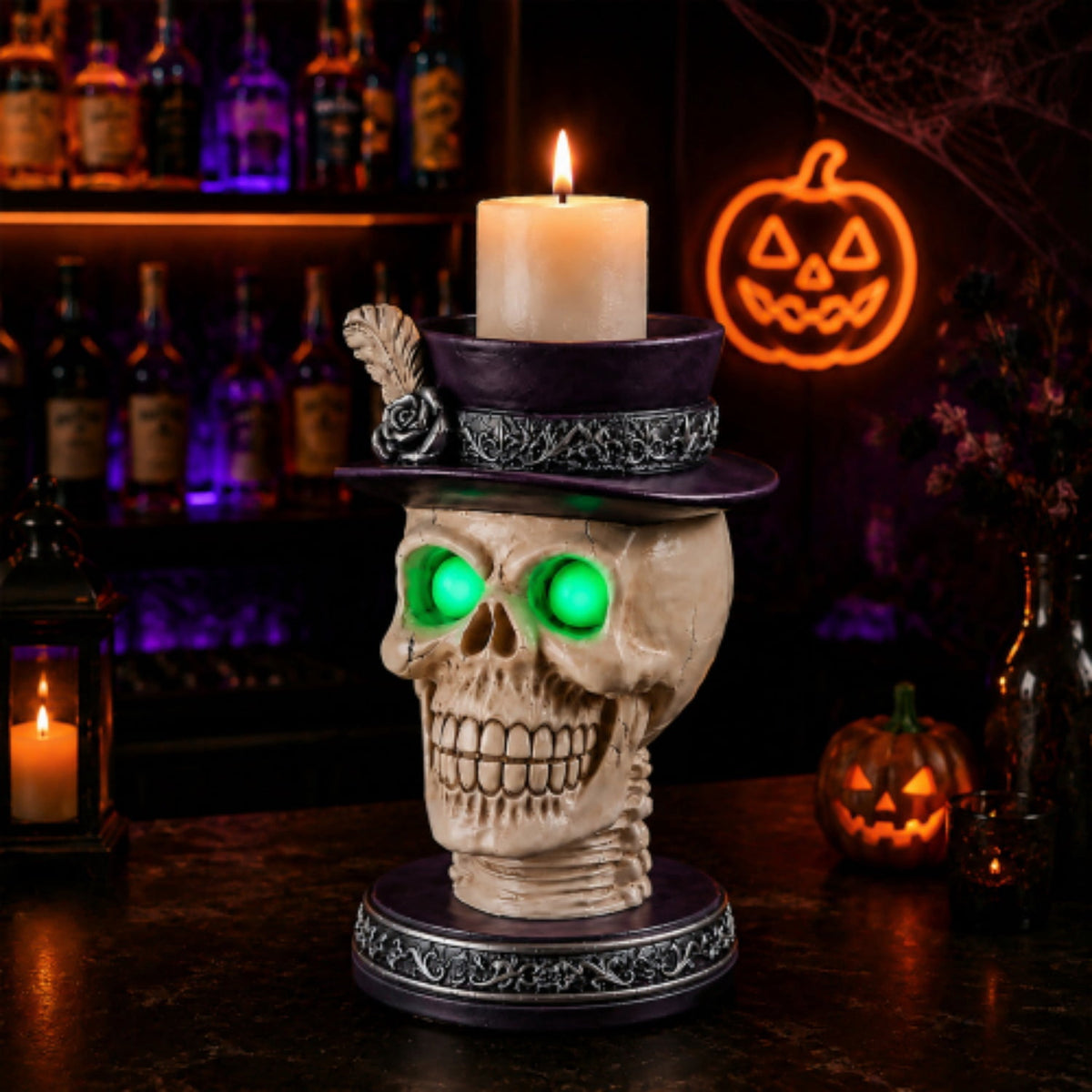SpookHaven Halloween Ghost Resin Figurine, Light‑Up Ghost Statue with LED Glowing Green Eyes for Spooky Tabletop & Haunted House Party Decor
