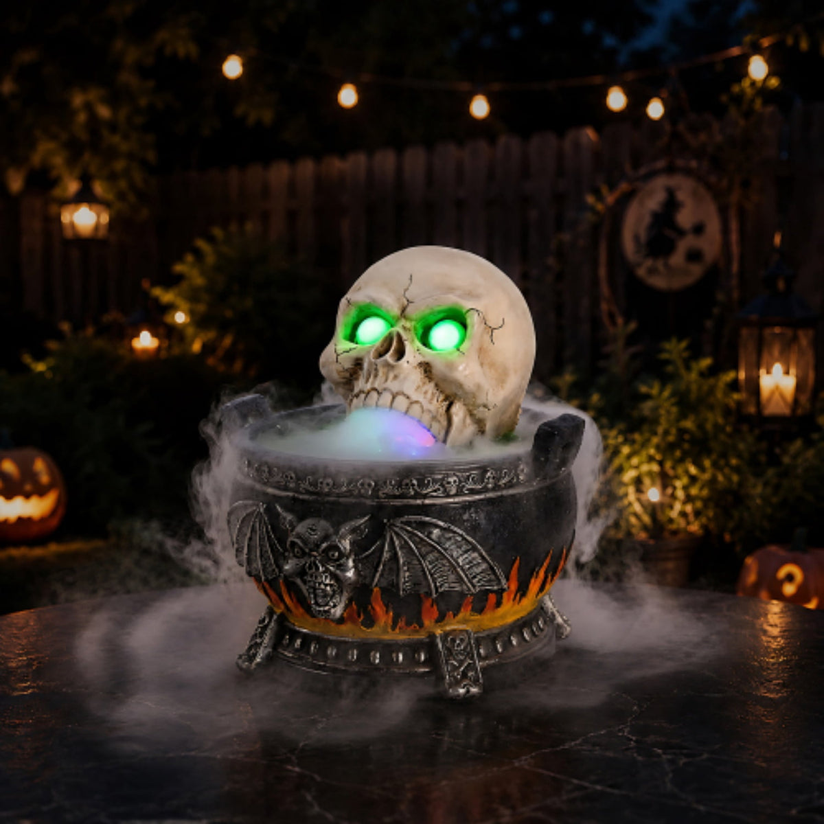 SpookHaven Halloween Jack‑O‑Lantern Pumpkin Mist Sprayer Figurine, LED Light‑Up Fogger with Witch Hat & Skull Decoration, Spooky Ornament for Tabletop Entryway Halloween Party Home Decor