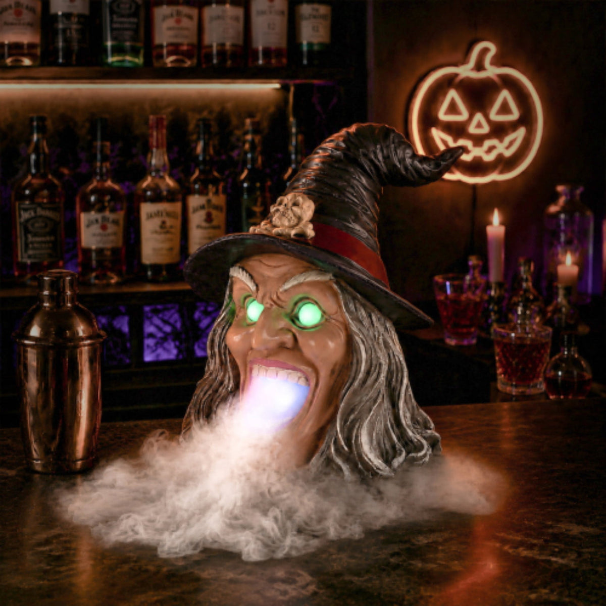 SpookHaven Halloween Jack‑O‑Lantern Pumpkin Mist Sprayer Figurine, LED Light‑Up Fogger with Witch Hat & Skull Decoration, Spooky Ornament for Tabletop Entryway Halloween Party Home Decor