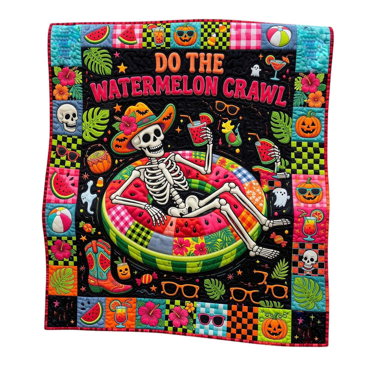 Throw Blanket, Quilted Spooky Season Ghost Skeleton Black Cat Design, 1 Piece, Halloween Decor for Couch Bed Living Room