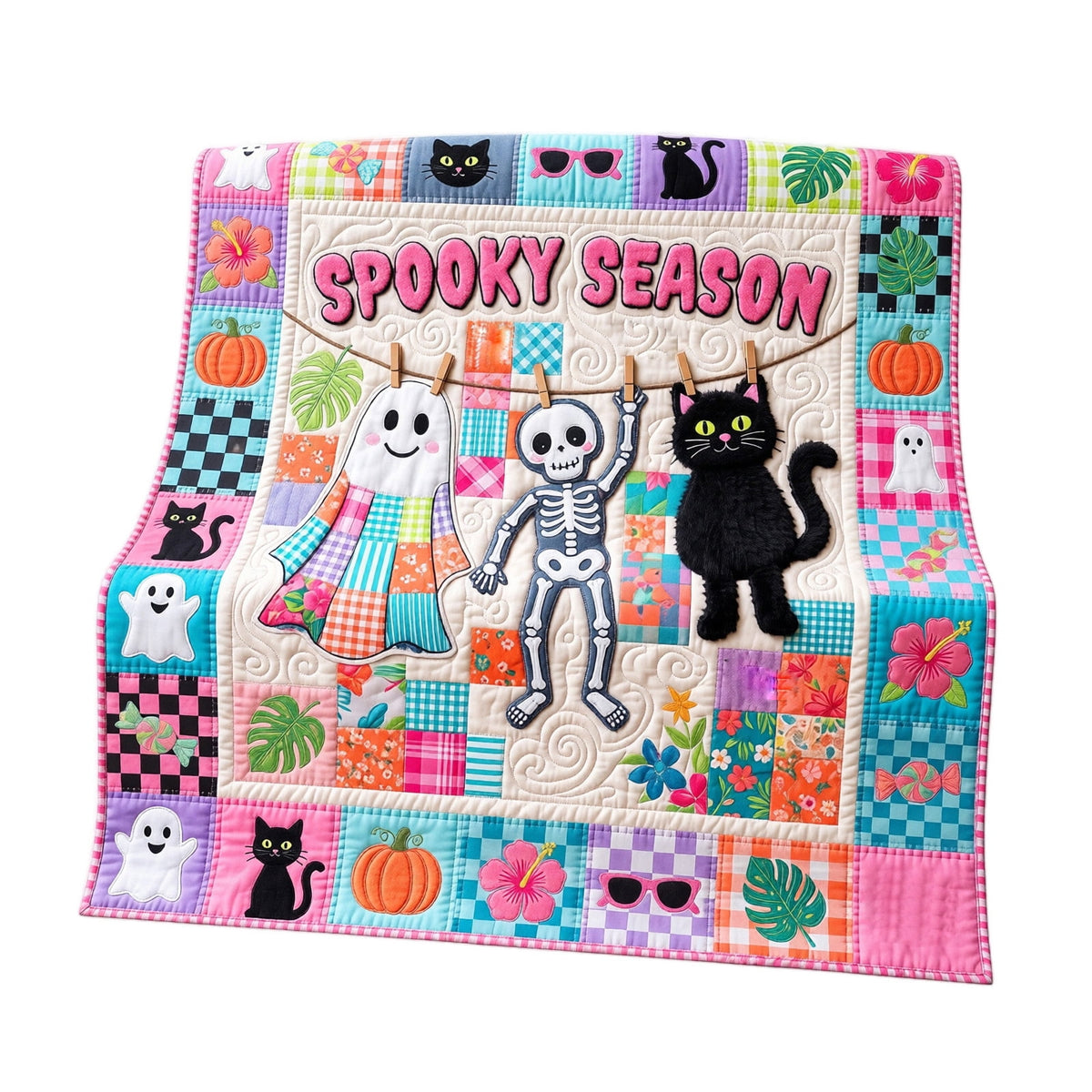 Throw Blanket, Quilted Spooky Season Ghost Skeleton Black Cat Design, 1 Piece, Halloween Decor for Couch Bed Living Room