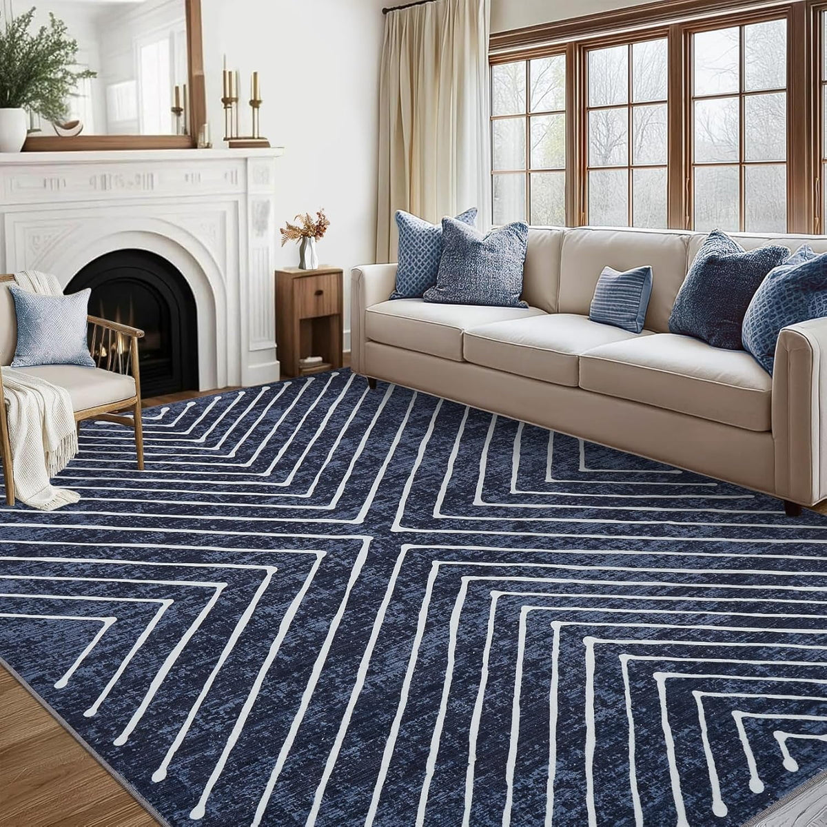 Washable Rug 10x13 Area Rug for Bedroom Modern Living Room Rug Non Slip Striped Large Area Rug Soft Non Shedding Throw Rugs Stain Resistant Carpet for Dining Room Nursery Navy 10'x13'