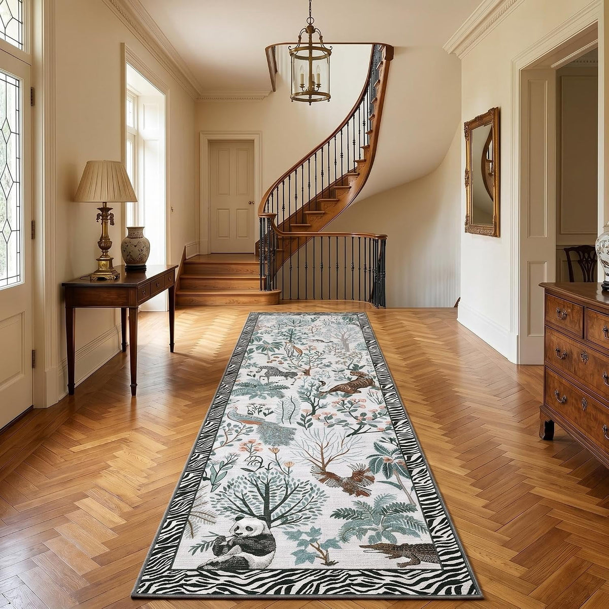 Large Jungle Animal Living Room Rug 10x13 Washable Forest Indoor Rugs for Bedroom Non Slip Foldable Low Pile Modern Floor Mat Stain-Resistant Neutral Carpet for Kids Playroom Dorm Nursery Black