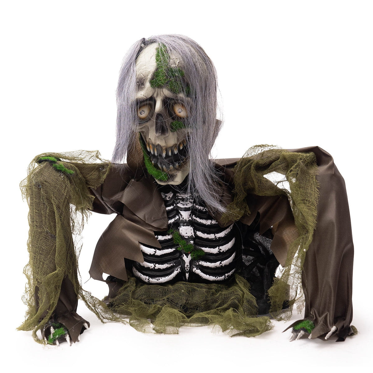 White-Haired Half-Body Skeleton Figurine with Motion-Activated Moving Head Glowing Eyes Battery-Operated Halloween Animatronic Prop for Haunted House Theme Park Party Decor