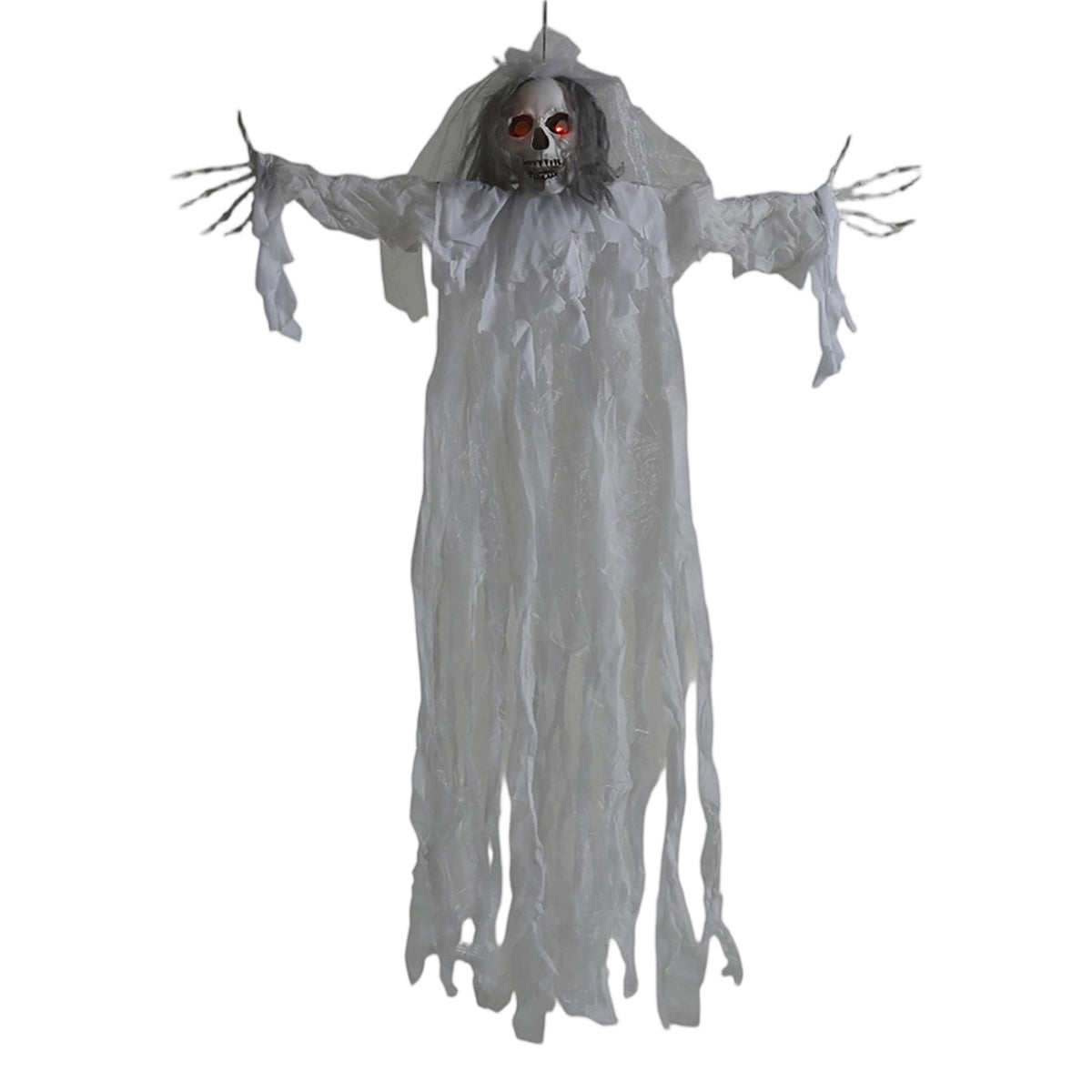 XHKUYI Halloween Hanging Skull Ghost Decoration 59 inches, Sound Activated Hanging Skeleton Ghost with Red Glowing Eyes, Tattered White Gauze Ghost for Yard Tree, Haunted House, Bar & Party Decor