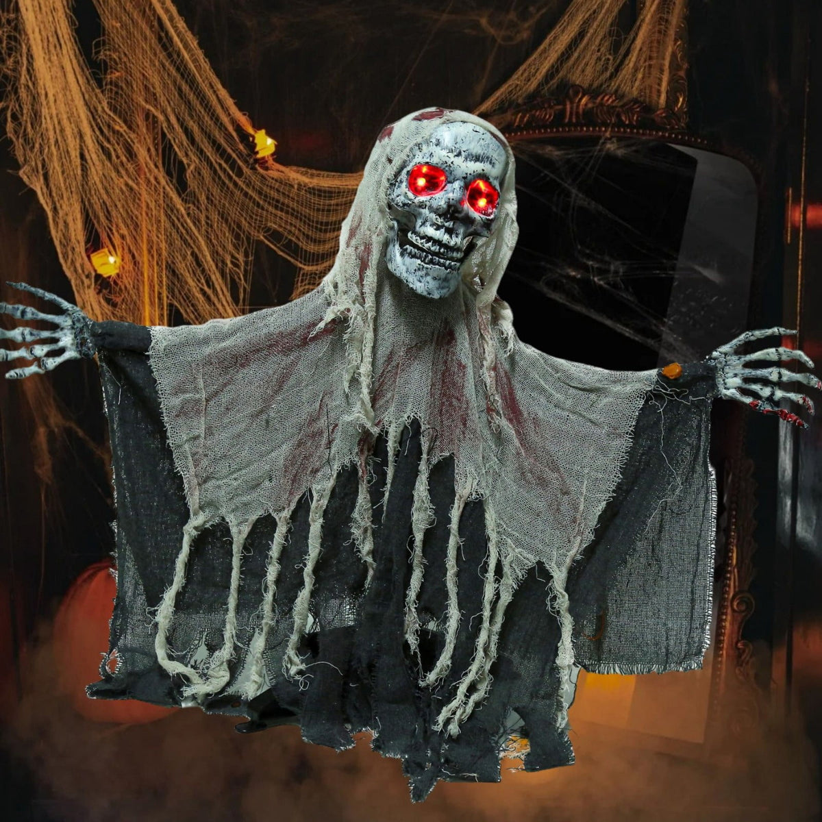 XHKUYI Halloween Sound Activated Skeleton Ghost Decor 21 inches, Light Up Creepy Bloody Tattered Gauze Ghost, Hanging Ghost Prop for Haunted House, Yard, Door & Party Decor