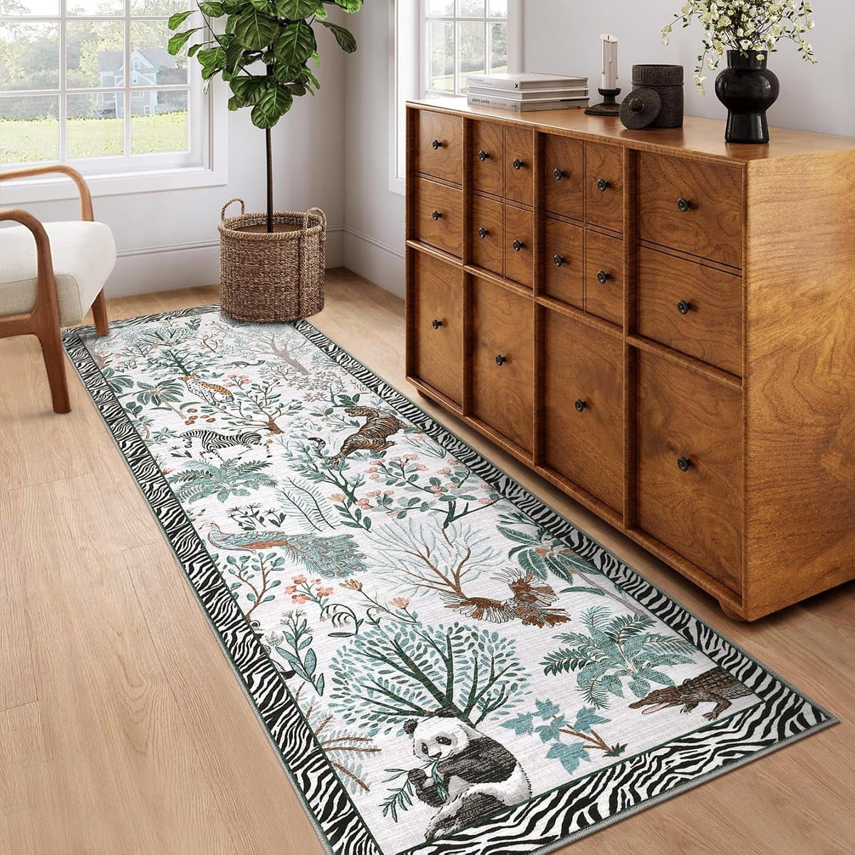 Large Jungle Animal Living Room Rug 10x13 Washable Forest Indoor Rugs for Bedroom Non Slip Foldable Low Pile Modern Floor Mat Stain-Resistant Neutral Carpet for Kids Playroom Dorm Nursery Black