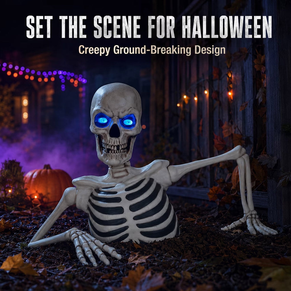Halloween Giant Ground Breaking Skeleton with LCD Moving Eyes Halloween Dynamic Skeleton Decor Light-Up Ground Breaking Skeleton Scary Skull Stakes for Garden Lawn Holiday Decor