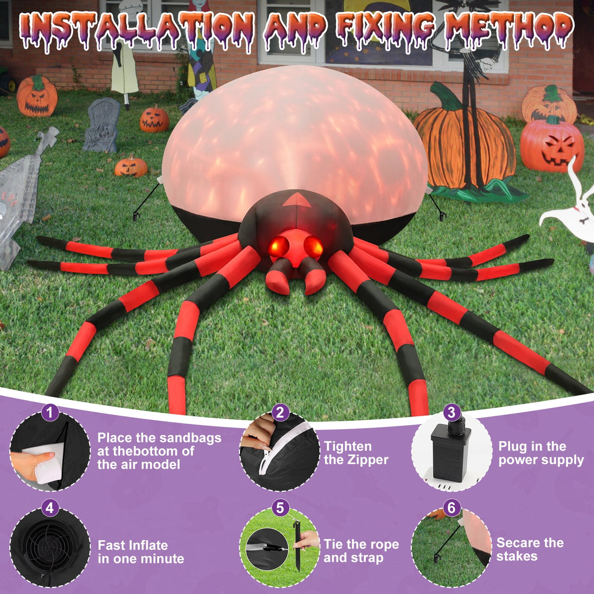 Yexmas 12FT Halloween Inflatables Outdoor Decorations Giant Spider Decorations with LED Lights and Air Pump Blow up Inflatable Green