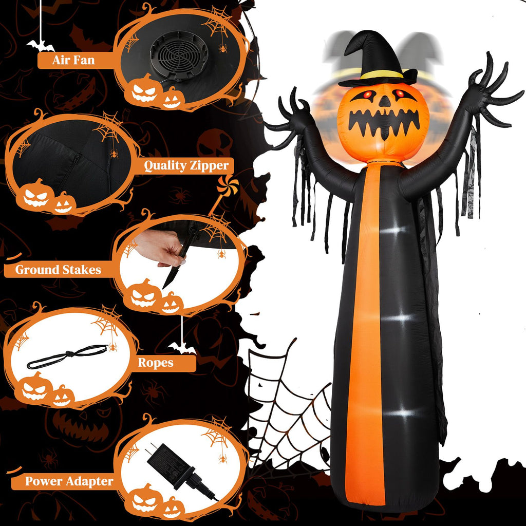 10FT Inflatable Pumpkin Ghost with Rotatable Head 6 LED Lights Black Orange Halloween Yard Decor
