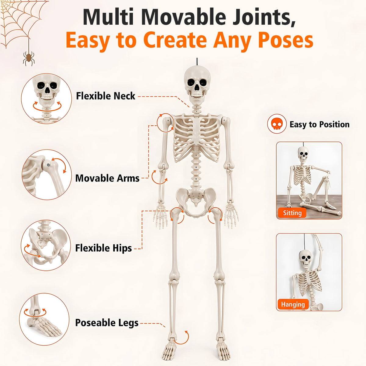 THE BRIVE 5.4ft Life Size Poseable Halloween Skeleton, Movable Joint Plastic Prop for Yard Porch Party Decor