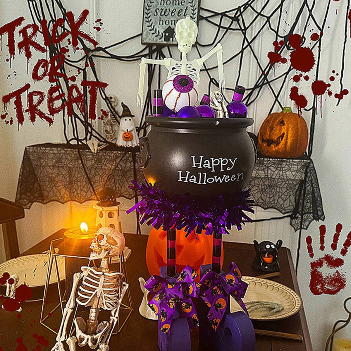 Witch Halloween Decorations Cauldron Halloween Decor Large Cauldron Halloween Decor with Glow Skeleton Indoor Halloween Table Decor Halloween Party Decor Spooky Halloween Bucket