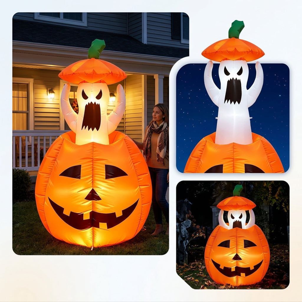FeiBiQiuBi 4FT Halloween Inflatable Ghost Outdoor Decorations, Blow Up Yard Decorations in Pumpkin, Blow Up Ghost Inflatable with LEDs for Cute Halloween Decor