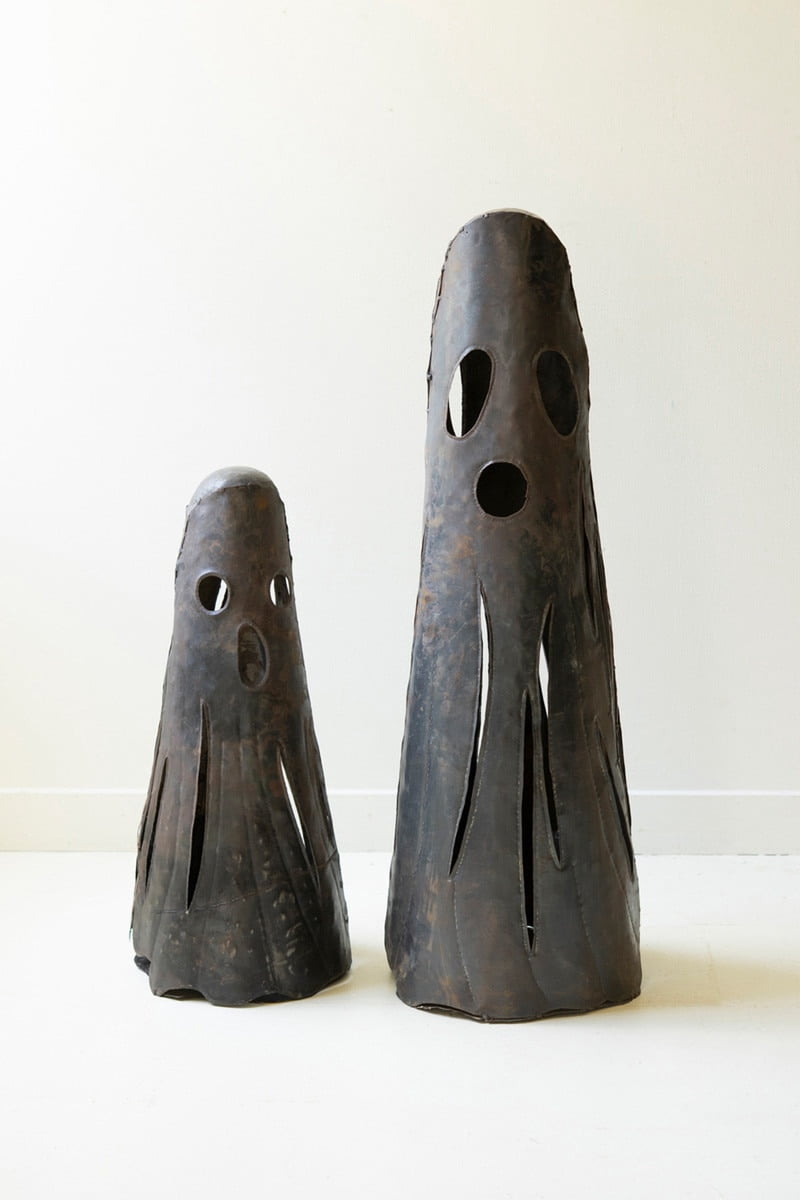 2-Piece Rustic Iron Ghost Luminaries Set - 15.7" & 7.8" Tall Metal Halloween Candle Holders - Primitive Farmhouse Spooky Decor for Indoor Fireplace Mantel, Porch, and Autumn Table Centerpieces