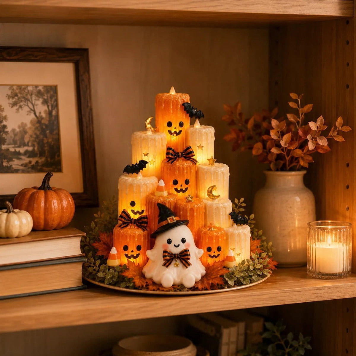 Gaecuw Halloween Ghost Pumpkin LED Candle 3D Printed Tiered Tabletop Decor for Spooky Mantel, Thanksgiving Centerpiece, Flickering Glow, Multicolor