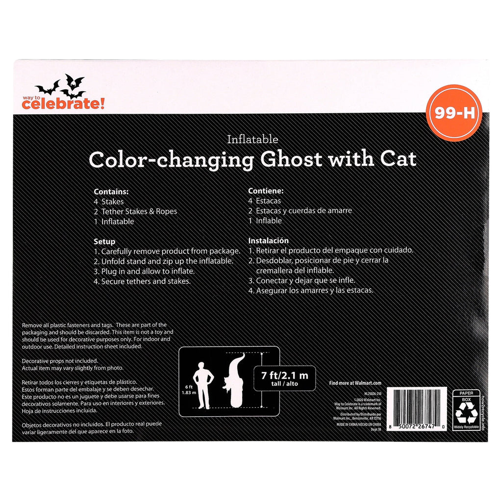 Color-Changing Ghost with Cat Airblown Yard Inflatable, Multicolor, 7', Halloween by Way To Celebrate